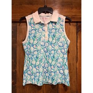 Lillie Green Womens Sleeveless Golf Polo Shirt Blue Green Print Size PS Petite S